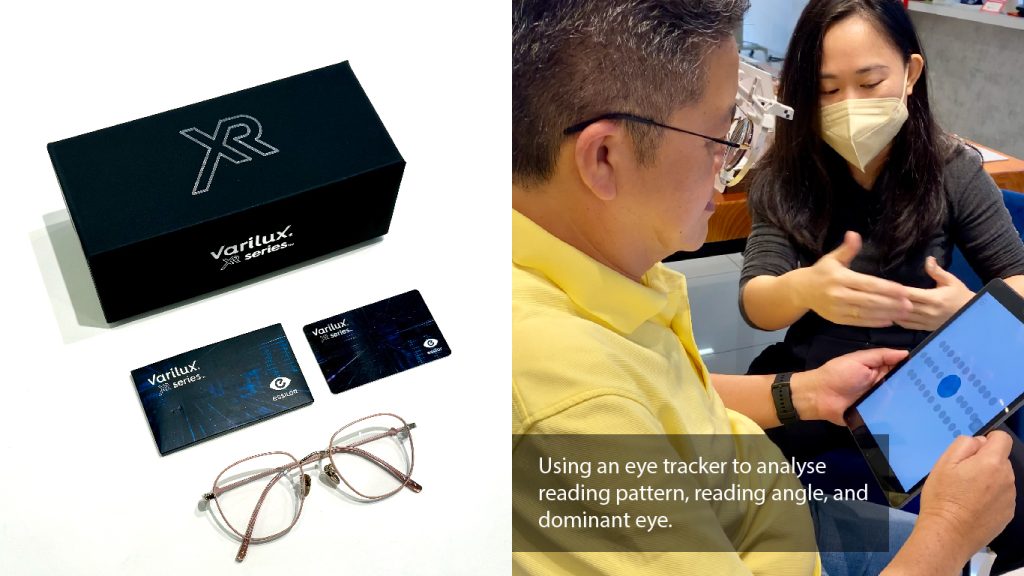 Essilor Varilux XR multifocal/progressive lenses and patient using an eye tracker to analyse near vision behaviour.